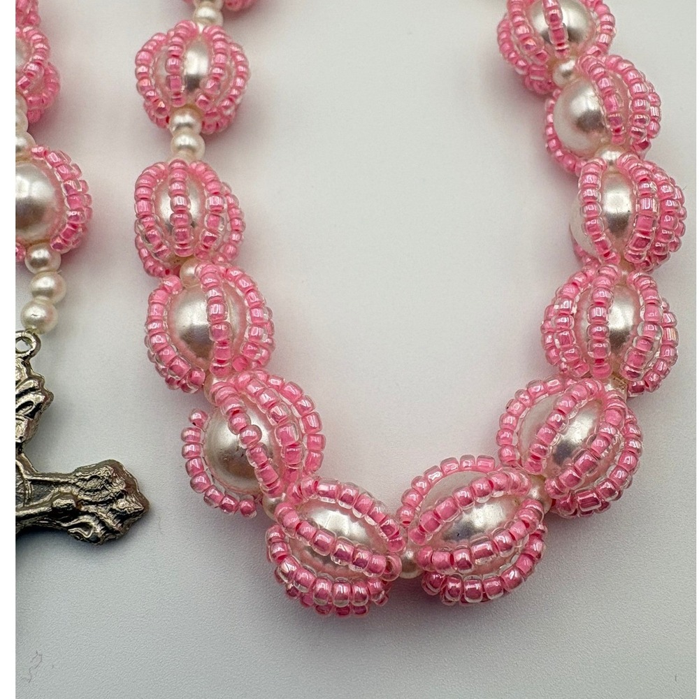 Handmade Pink Seed Bead Faux Pearl Rosary Silver Tone Crucifix Miraculous Medal - Picture 3 of 8